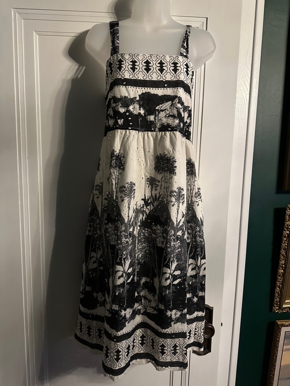 Black and White Floral Midi Dress with Spaghetti Straps